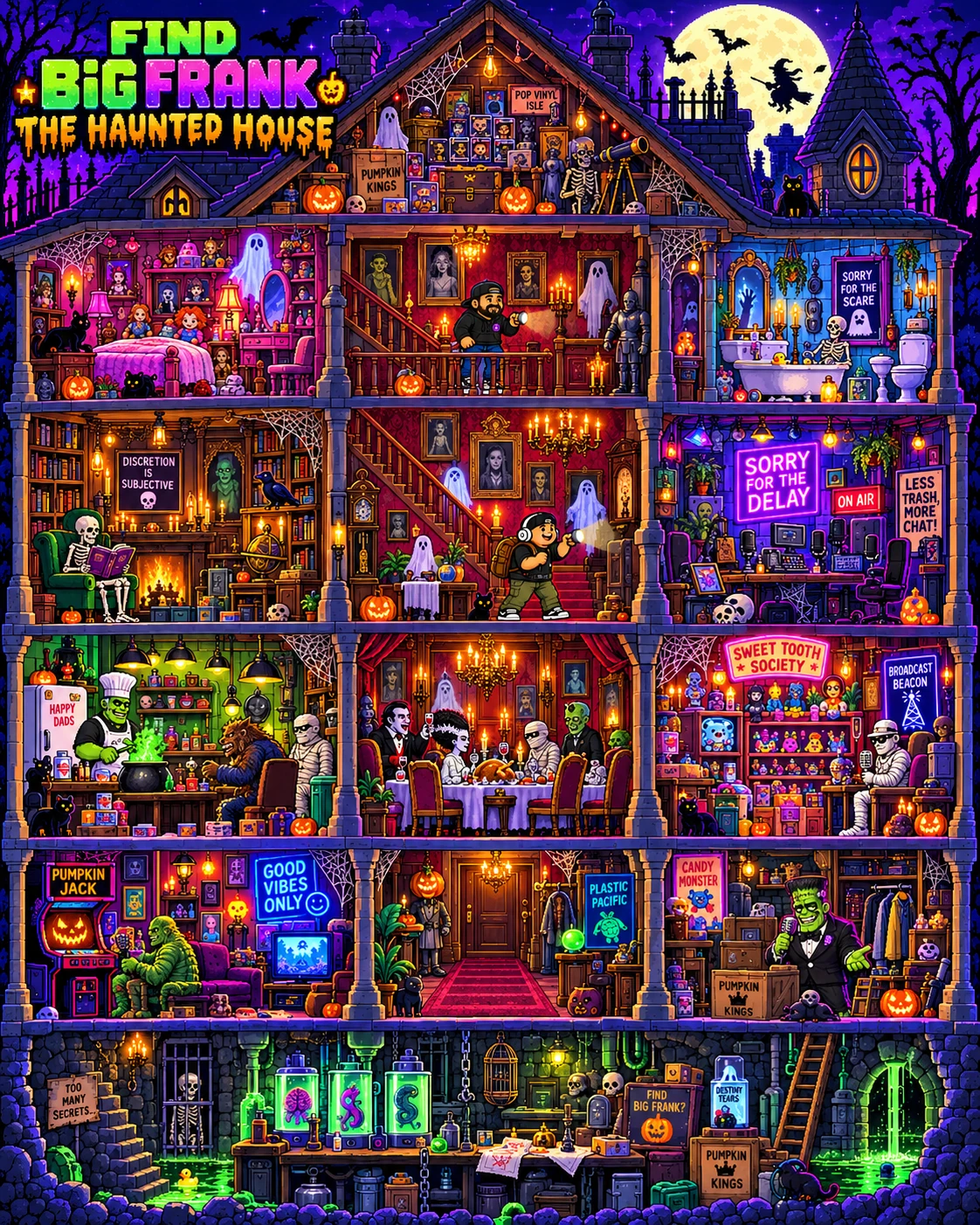 Busy haunted pixel-art house filled with monsters and hidden objects.